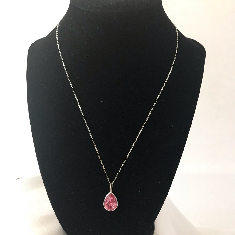 925 silver chain with pink stone necklace. Approximate 18” chain